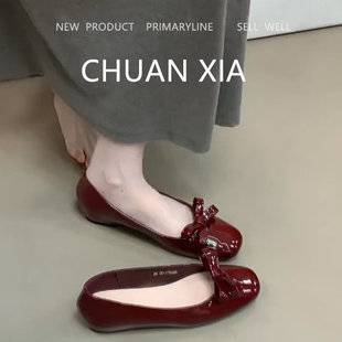 女甜美风圆头瓢鞋 羊皮版 法式 气质内增高玛丽珍鞋 蝴蝶结软底单鞋
