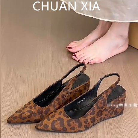 羊皮版~性感豹纹坡跟高跟鞋女真皮不累脚包头凉鞋後绊带尖头包鞋,女鞋,浅口单鞋,淘宝优惠券,粉丝福利购,淘宝优惠卷