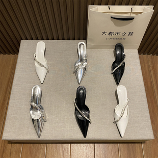 2025新款法式细跟高跟鞋女性感尖头鞋子夏季银色绝美凉鞋包头半拖