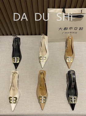 轻熟风金属BB扣尖头包头拖女平跟一脚蹬增高女鞋韩式百搭凉拖鞋