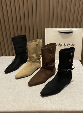 尖头皮带扣两穿骑士靴辣妹短筒靴