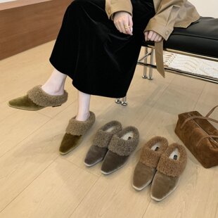 fant see  方头毛毛鞋女包头拖鞋厚底增高保暖外穿不累脚日常防滑