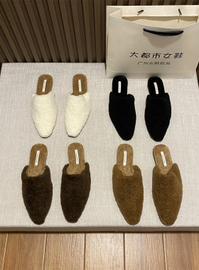 2025早秋新款复古尖头毛毛拖鞋