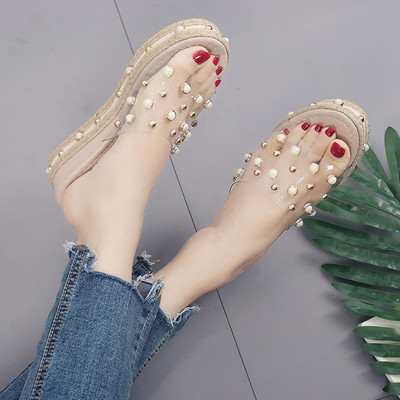 坡跟女夏韩版时尚水钻透明一字拖