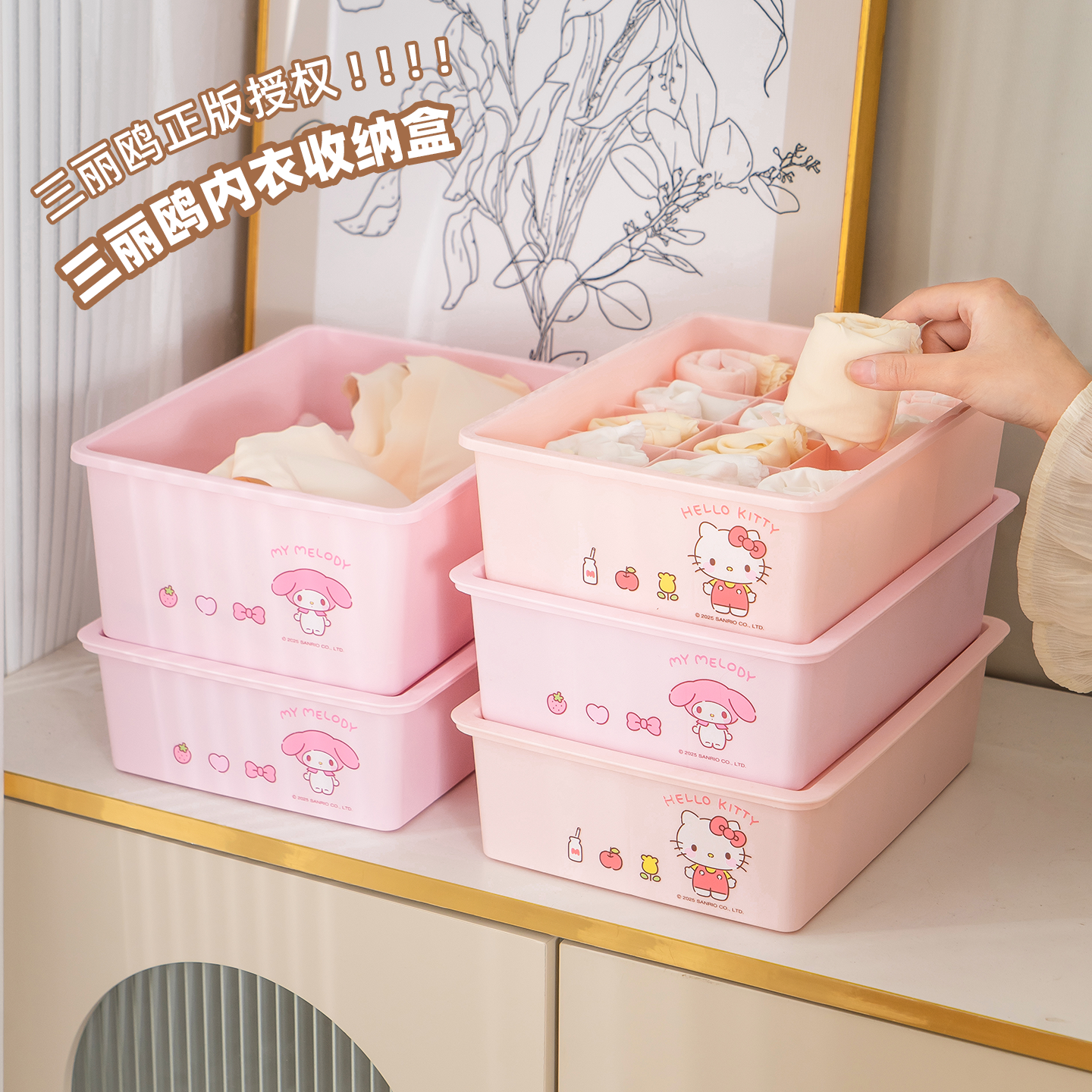 三丽鸥正版授权Hello Kitty内衣收纳盒分格神器家用抽屉式整理箱