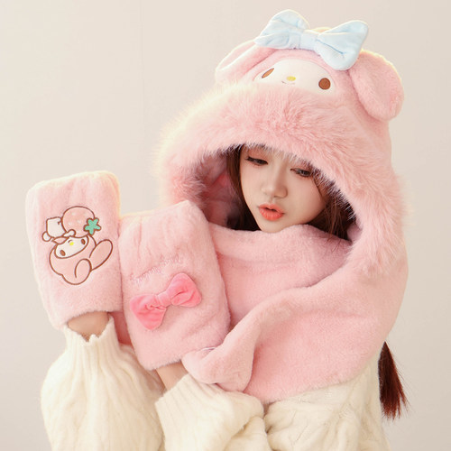 三丽鸥正版可爱冬季保暖防寒毛边三件套凯蒂猫毛绒围巾帽子一体萌