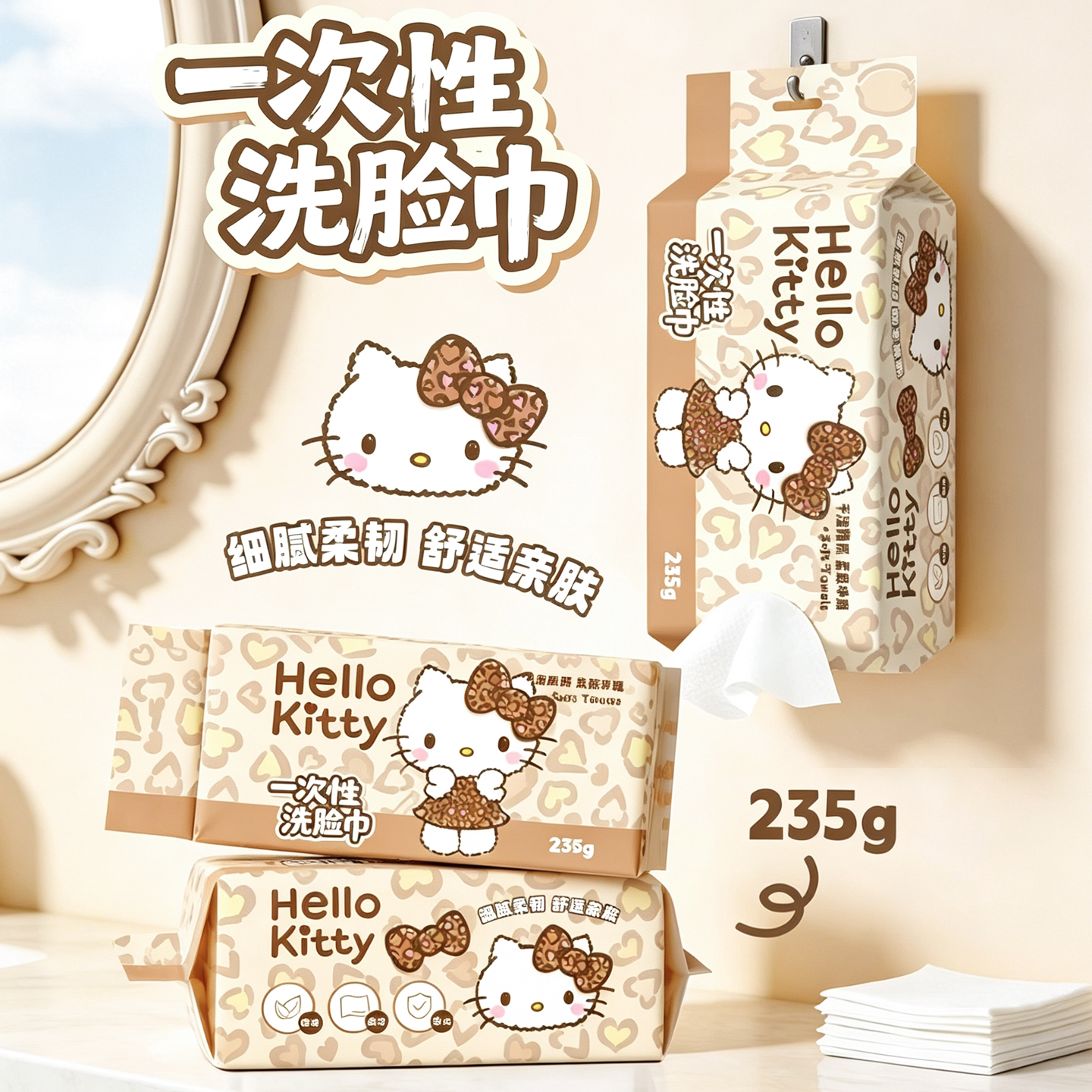 三丽鸥正版授权凯蒂猫豹纹一次性洗脸巾加厚抽取式居家洁面巾235g