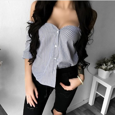 European American sexy striped sling long sleeve shirt women