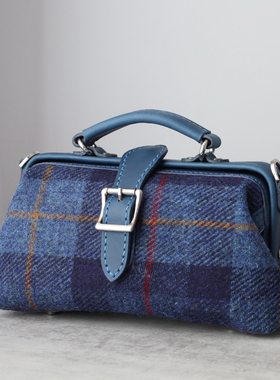 【羊毛拼皮医生包】Harris Tweed 暖到心坎秋冬女士包包蓝色格子