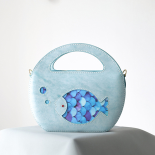 圆弧形手提包创意真皮斜挎包手工复古小众女包送礼推荐 深海鱼