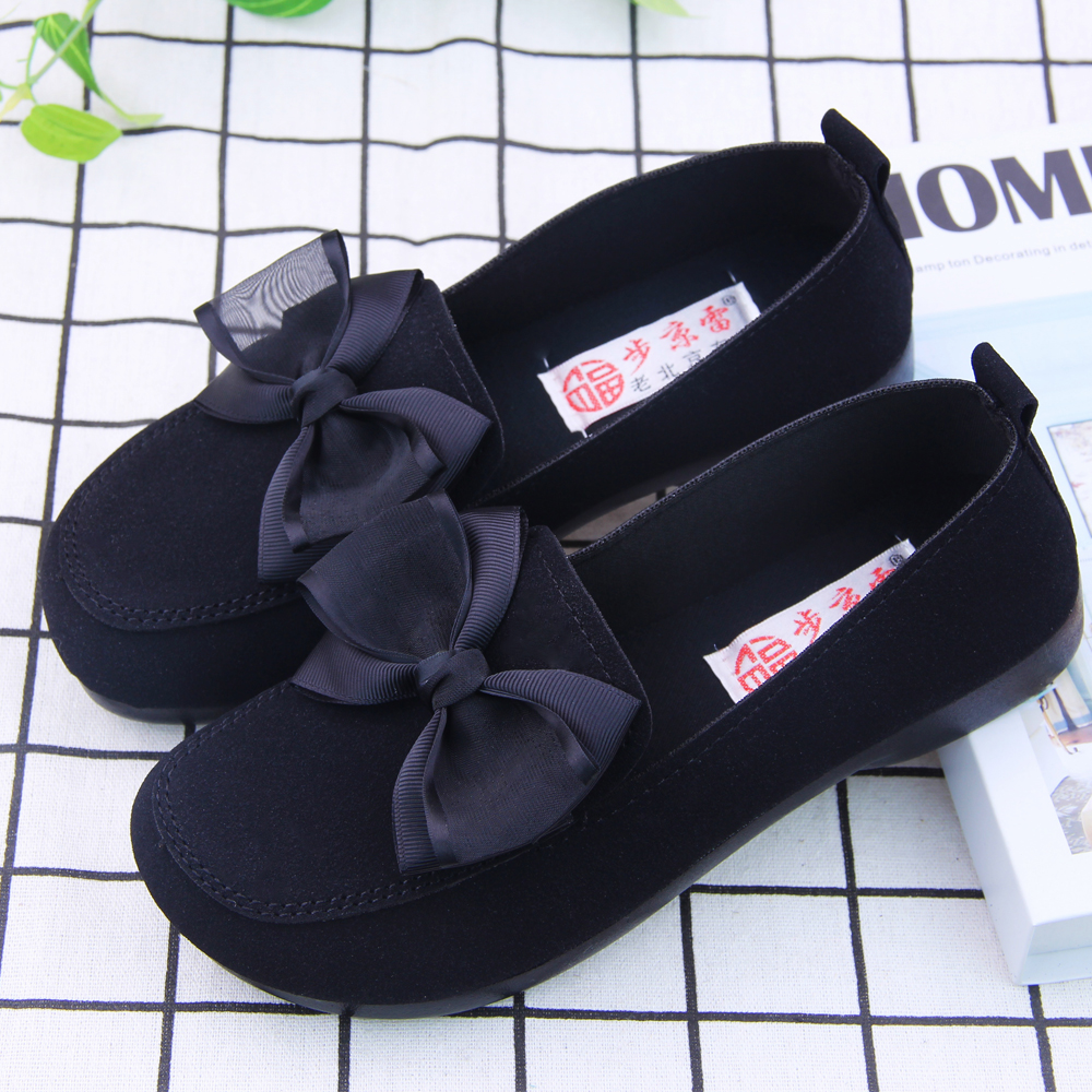 老北京布鞋女新款单鞋黑色工作鞋时尚蝴蝶结豆豆鞋舒适宽头妈妈鞋
