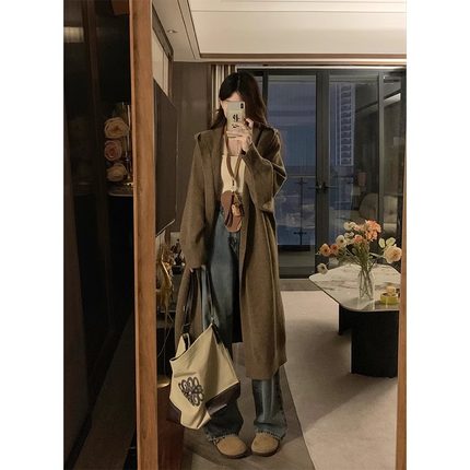 美拉德穿搭中长款毛衣开衫外套秋冬保暖慵懒风加厚连帽针织衫上衣