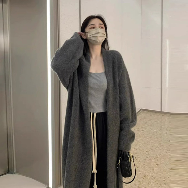 秋冬过膝加厚高级灰针织开衫女