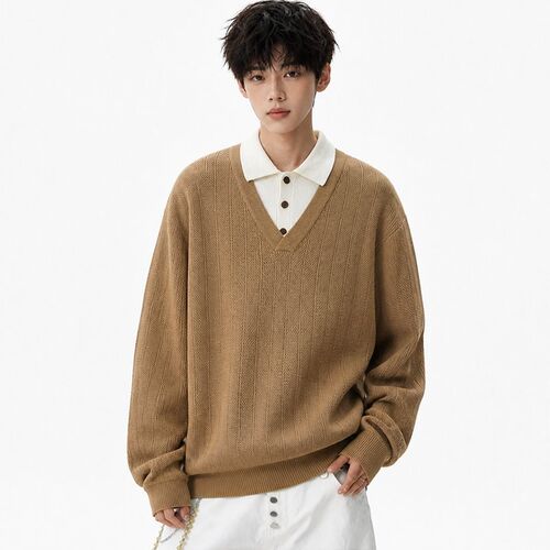 1404-2-88977-P53--2026新款男装V领假两件针织衫套头宽松毛衣