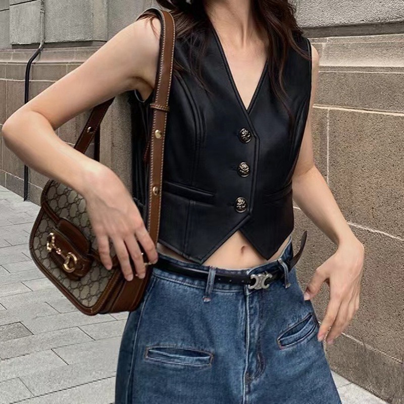 街头性感真皮小马夹短款修身显瘦绵羊皮V领背心露脐潮女皮衣外搭
