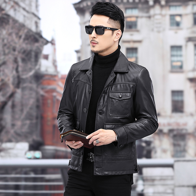 海宁产地货源商务休闲男装皮夹克真皮皮衣翻领头层牛皮商务绅士