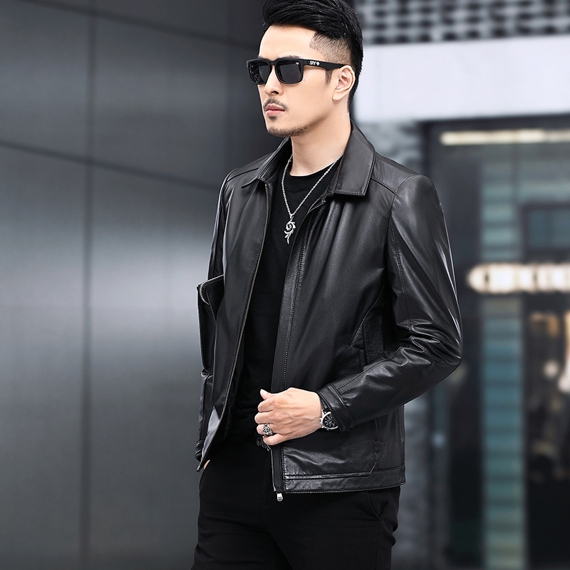 中年都市拉链翻领头层胎牛皮真皮皮衣男海宁休闲皮夹克纯牛皮