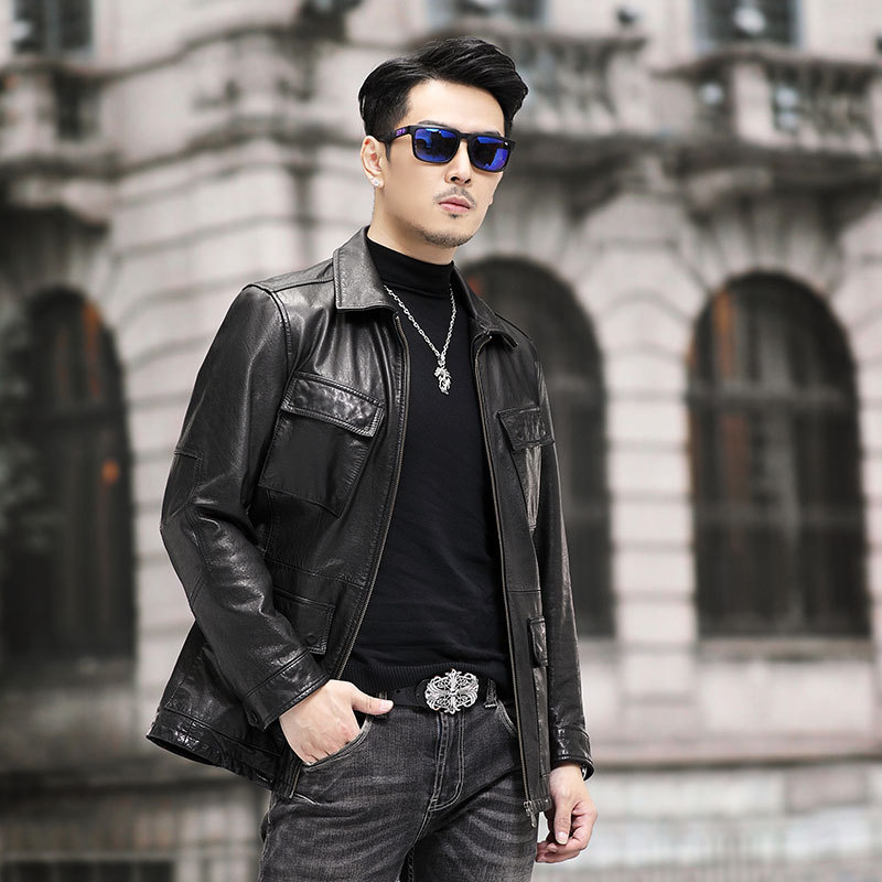 新款男士时尚皮夹克真皮植鞣头层牛皮皮衣春秋季薄款中年单装