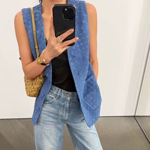 普鲁士蓝头层山羊皮手工编织V领修身马甲女反绒真皮背心坎肩初秋