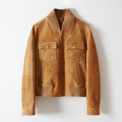 复古棒球服皮衣针织立领真皮夹克