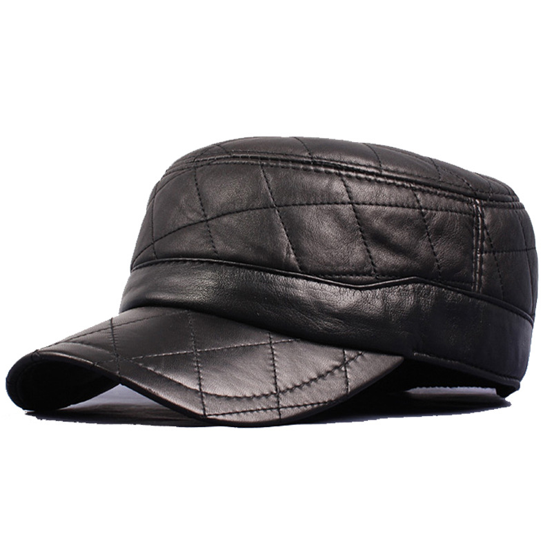 新款真皮绵羊皮菱格鸭舌帽 秋冬季保暖夹棉中年平顶男士时尚休闲