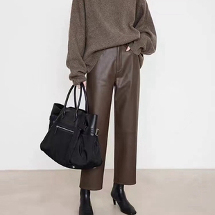 女 子咖啡色2025秋装 美拉德真皮九分裤 显瘦法棍休闲高腰羊皮直筒裤