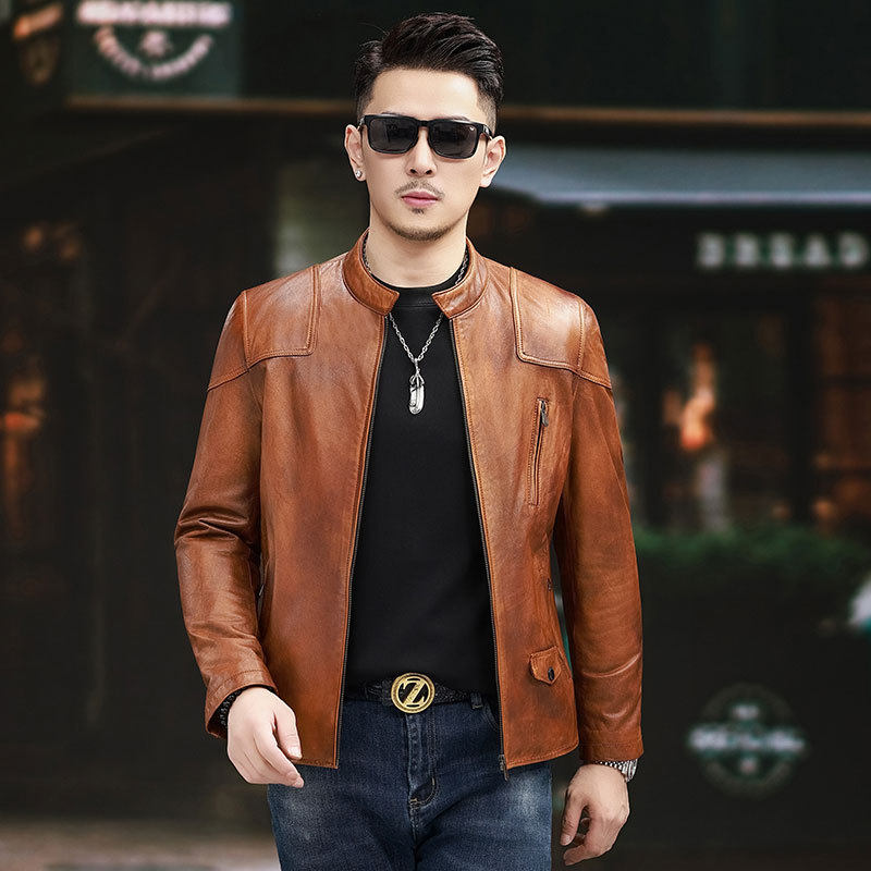 春秋薄款帅气拉链真皮夹克潮男立领机车服绵羊皮修身短款皮衣桔色