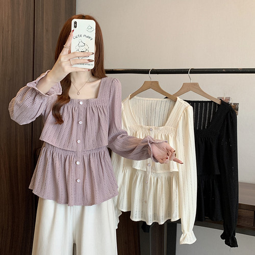 #春装新款胖mm大码女装法式荷叶边方领缕空娃娃衫小衫上衣A0939