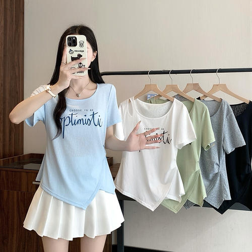 2026夏装新款胖mm大码女时尚纯欲露肩印花字母不规则短袖T恤24877