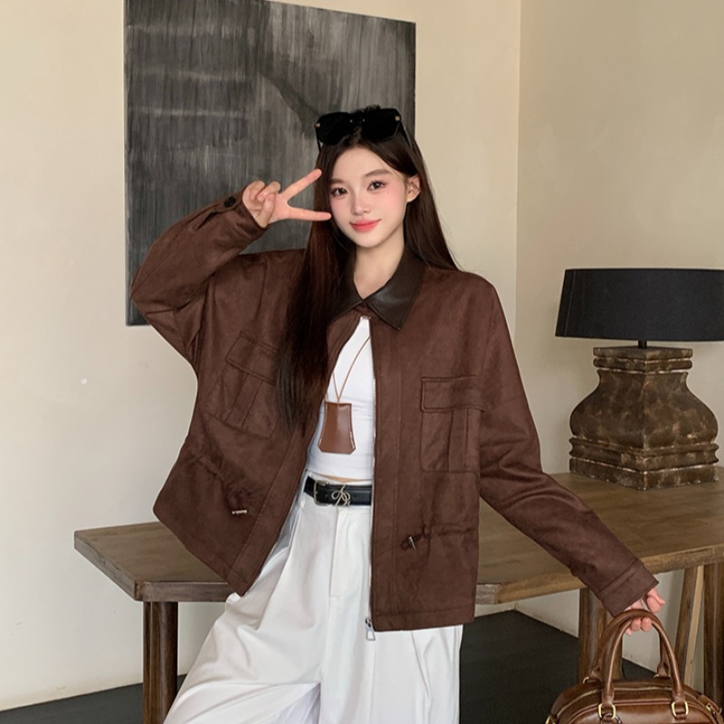 2025秋冬新款胖mm大码时尚设计感拼接翻领皮衣收腰显瘦外套23245