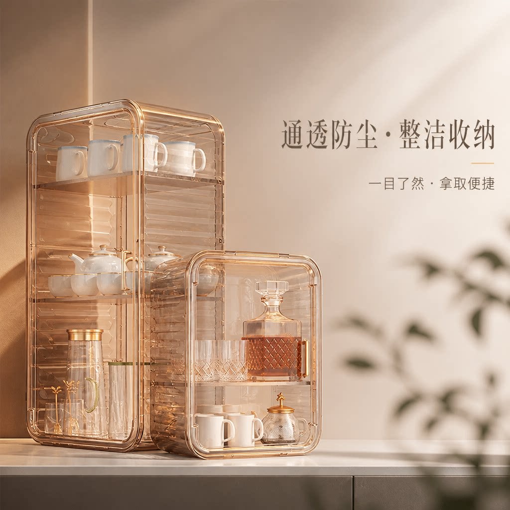 轻奢透明防尘茶具收纳柜家用桌面高级感带盖茶杯整理功夫茶壶储物