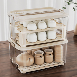 26新款 双层沥水带盖茶具收纳盒透明防尘存放茶杯茶壶置物架整理箱