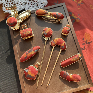 庄周梦蝶手工宋锦发夹成品红色套装团建伴手礼礼品新中式发簪抓夹