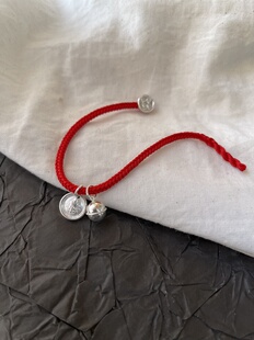 「小红绳」999足银铃铛纯银手链黄财神纯银锁女本命年红绳编织