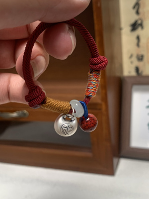 桃核朱砂纯银小胖福红绳手链
