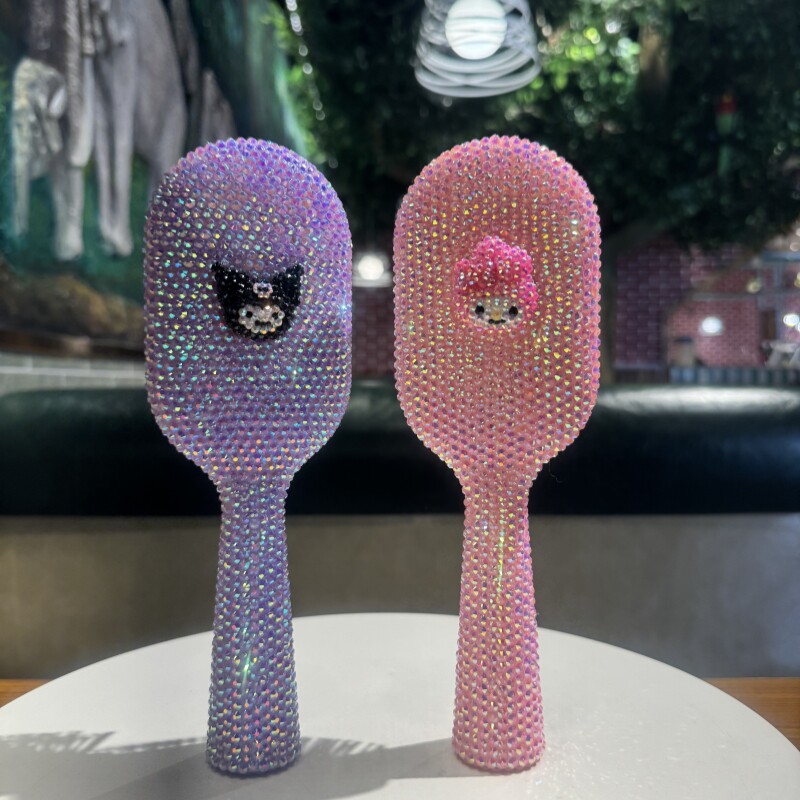 贴钻木梳卡通造型手柄镜子