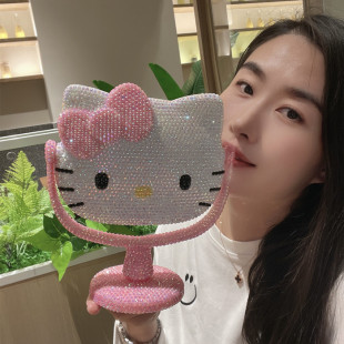 创意礼品招财猫猫咪化妆镜浅粉色台式镜DIY贴钻成品果冻钻KT镜子