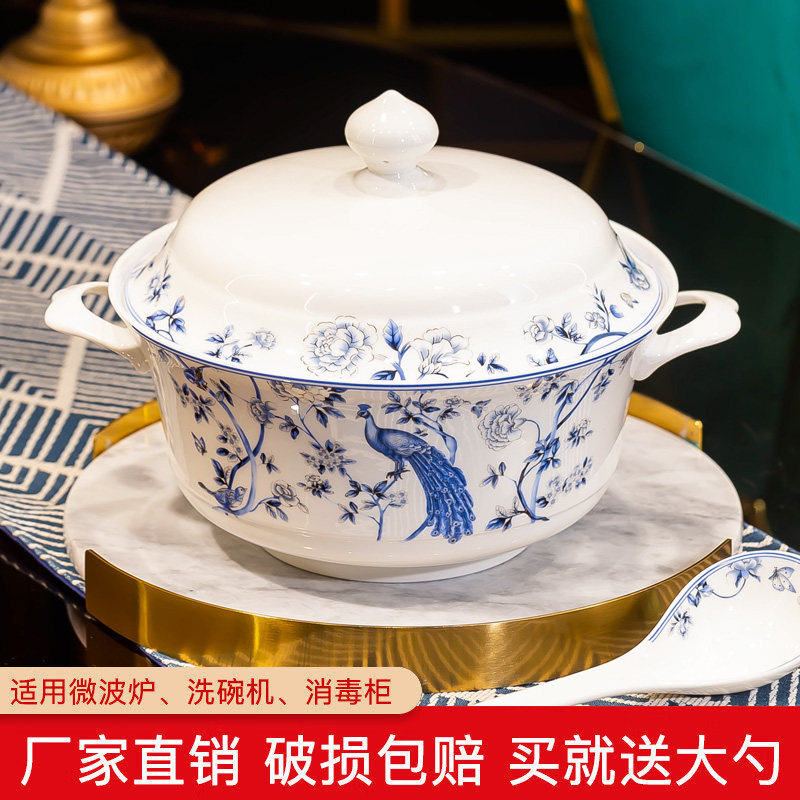 正宗景德镇餐具陶瓷汤碗大号带盖富贵煲大容量装汤创意家用送大勺