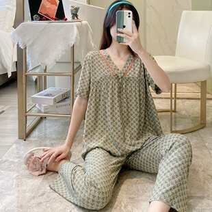 睡衣女夏季短袖纯棉绸韩版时尚绵绸女装薄款可外穿宽松家居服套装