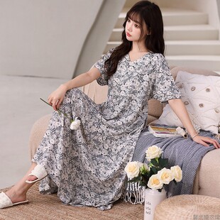 睡裙女夏短袖妈妈睡衣女纯棉绸可外穿宽松家居服可收腰显瘦连衣裙