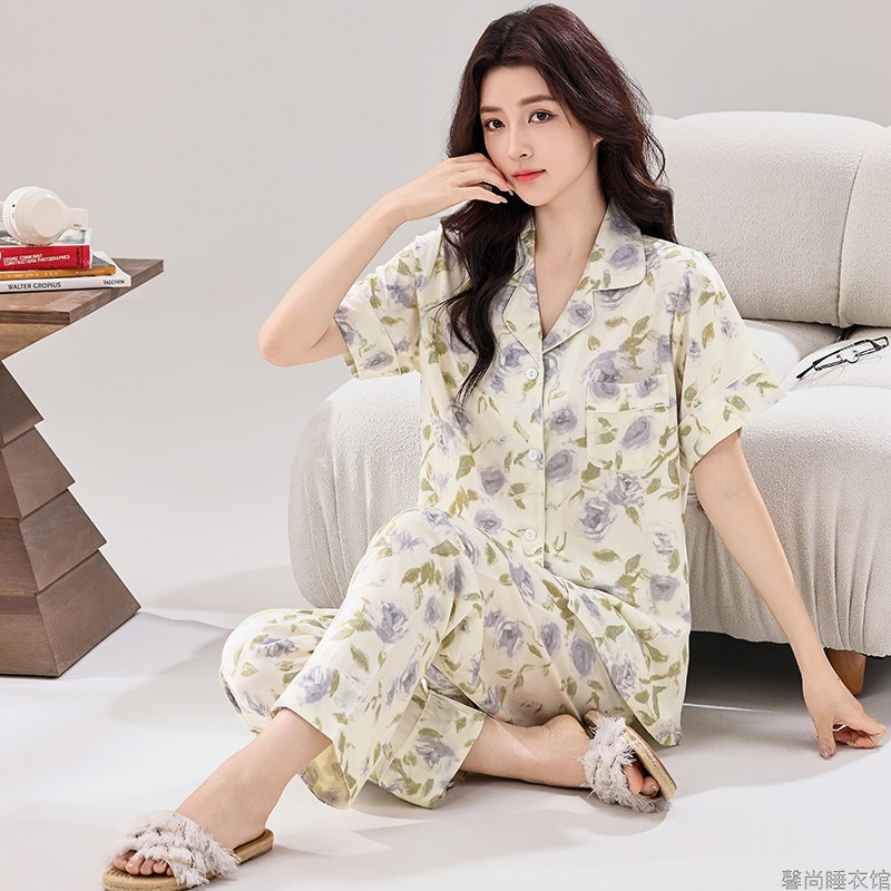 妈妈睡衣女夏季纯棉绸韩版薄款中年短袖开衫时尚可外穿家居服套装