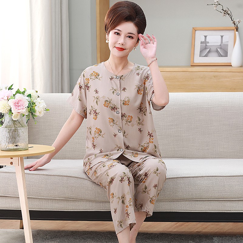中老年妈妈睡衣女夏纯棉绵绸开衫