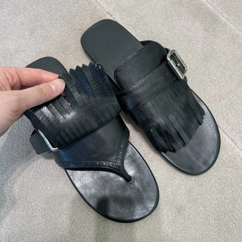 牛皮版~复古百搭流苏半拖鞋女一脚蹬真皮布洛克皮带扣穆勒人字拖,女鞋,时装凉鞋,淘宝优惠券,粉丝福利购,淘宝优惠卷