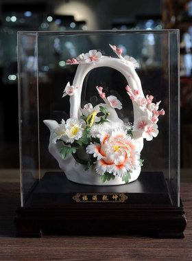 福满乾坤茶壶招财进宝德化陶瓷手工瓷花工艺品客厅办公室礼品摆件
