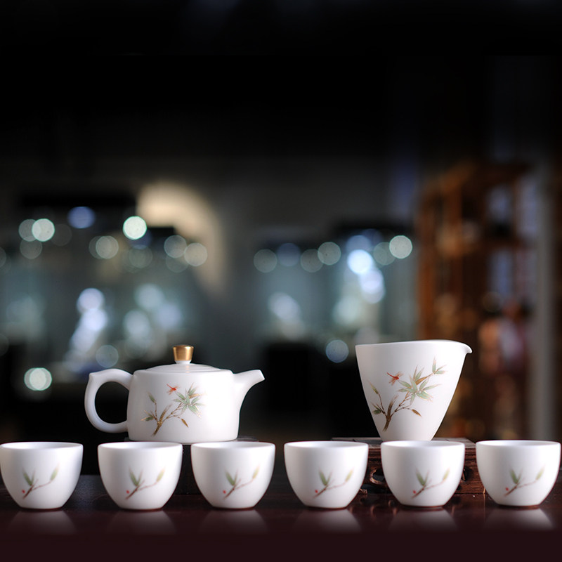 知竹常乐羊脂玉瓷德化白瓷茶壶套装高档茶具礼盒装上司送礼礼品瓷