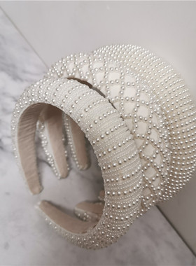 2021年新款网红手工缝制白色珍珠海绵增高发箍女气质发卡宽边发饰