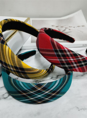 网红红色格子宽边海绵发箍复古女头饰显脸小发带韩国头箍发卡