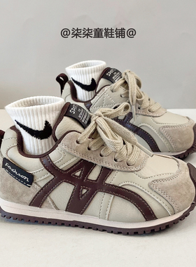 新款真皮米色运动鞋儿童2025秋冬季女童户外跑步鞋男童百搭阿甘鞋