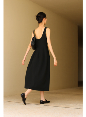 无有无印黑色醋酸露背无袖收腰中长款小黑裙礼服连衣裙24122