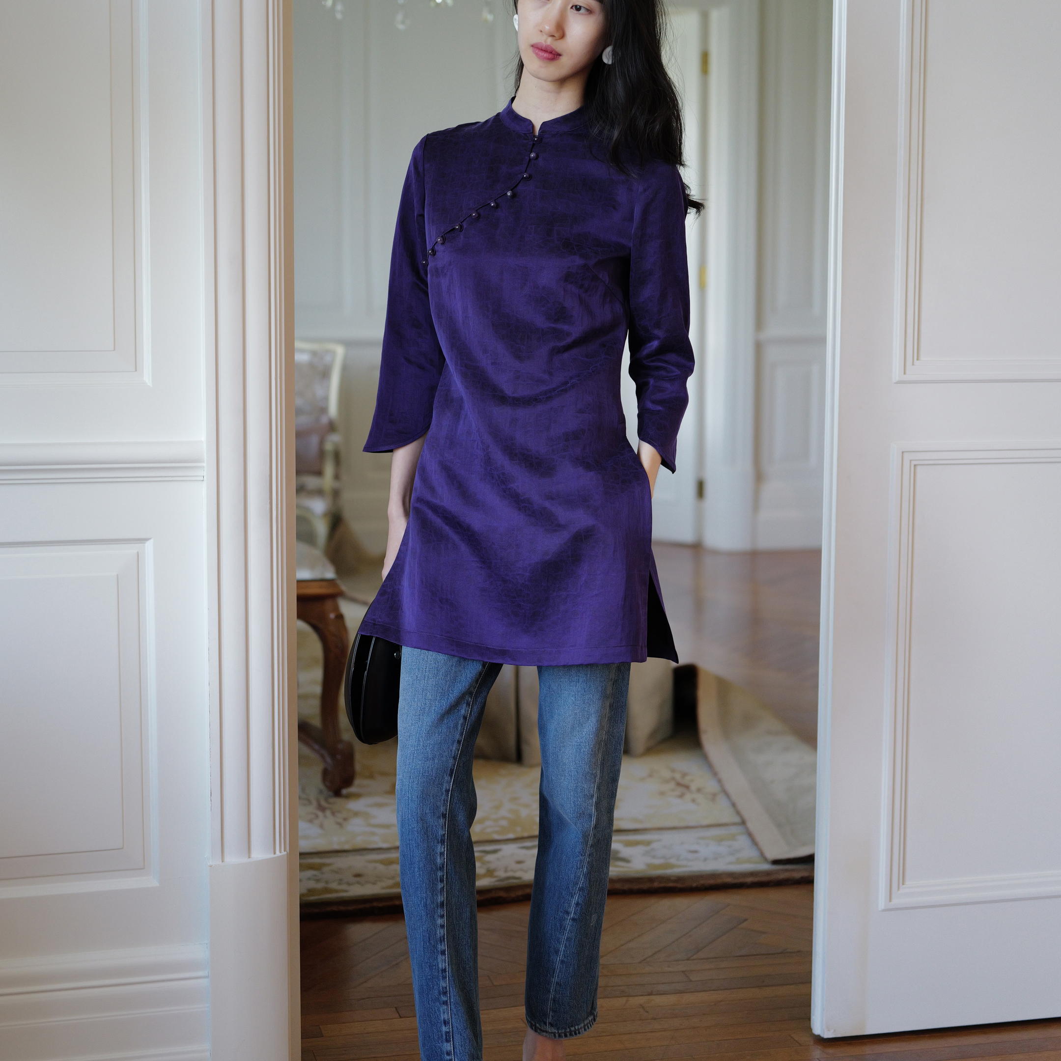 经典手工香云纱中长款宽松旗袍